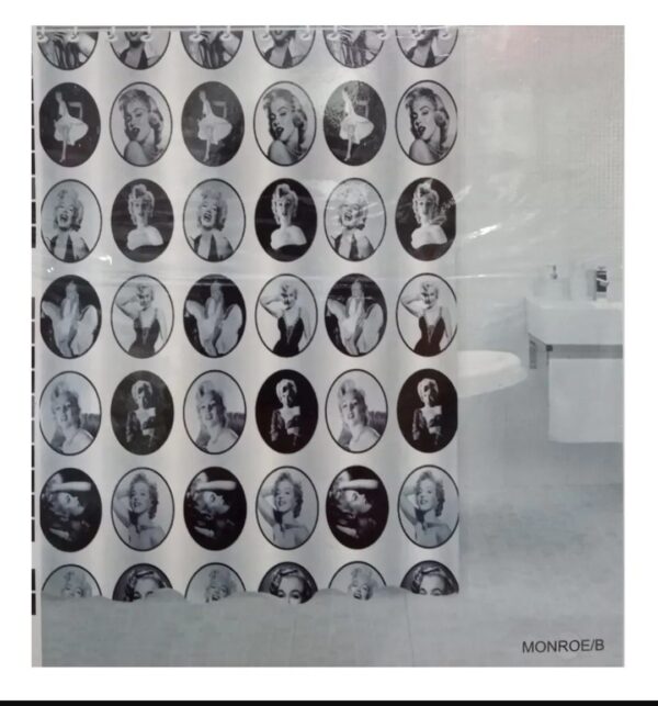Cortina De Baño Teflón City Blanco Estampada/Marilyn Monroe 180x180cm + Ganchos.
