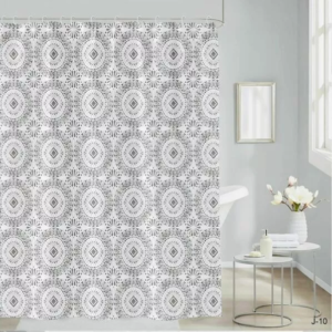 Cortina De Baño Teflón City Blanco Estampada/Mandala gris 180x180cm + Ganchos.