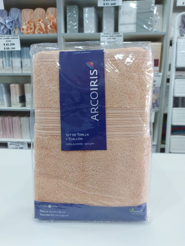 Juego De Toalla y Toallon Arcoiris Tim/Salmon 500 Grs.100% Algodón/envase PVC.
