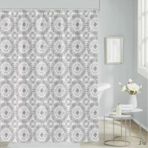 Cortina de Baño Teflon City Blanco Estampada/ondas gris. 180 x 180cm + ganchos.
