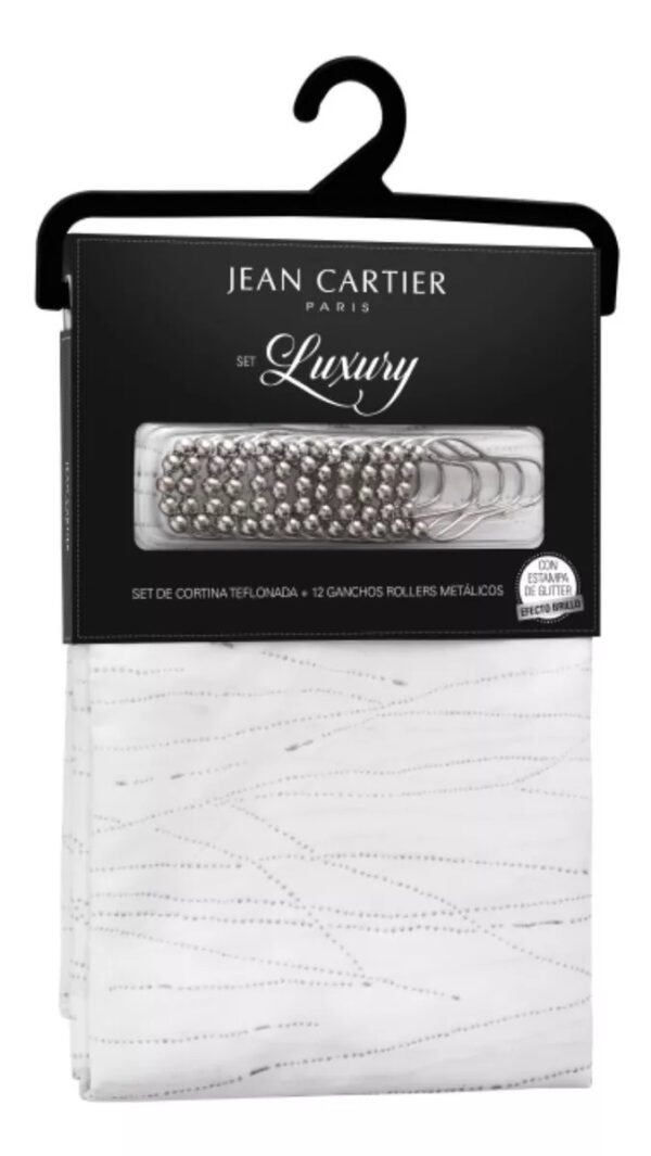 Cortina de Baño teflonada set Luxury Jean Cartier Glitter  con 12 Ganchos rollers metalico/Blanco - Imagen 2