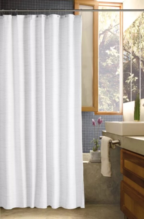 Cortina de Baño teflonada set Luxury Jean Cartier Glitter  con 12 Ganchos rollers metalico/Blanco