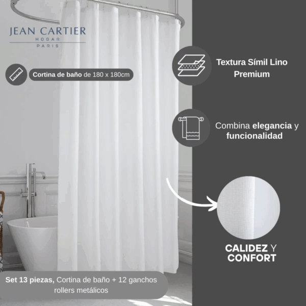 Cortina de Baño Jean Cartier Linen Premium Textura Símil Lino lisa c/ ganchos metálicos / Blanca - Imagen 2