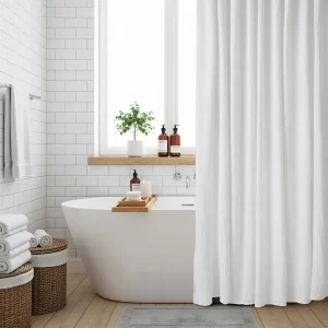 Set 13 Piezas Cortina De Baño Símil Tusor + Ganchos Premium Lisa Jean Cartier/Blanco
