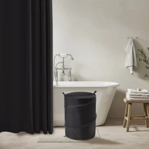 Set De Baño Cortina Teflonada + Cesto Ropa + Ganchos Premium Jean Cartier/Negro
