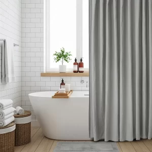 Set 13 Piezas Cortina De Baño Símil Tusor + Ganchos Premium Lisa Jean Cartier/GRis