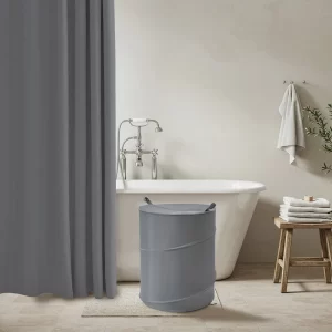 Set De Baño Cortina Teflonada + Cesto Ropa + Ganchos Premium Jean Cartier/ Gris