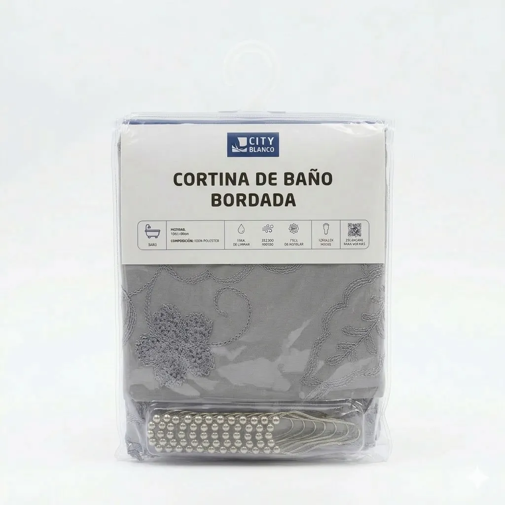 Cortina De Baño Bordada City BLanco 180 x 180cm con ganchos roller / Gris. - Imagen 2